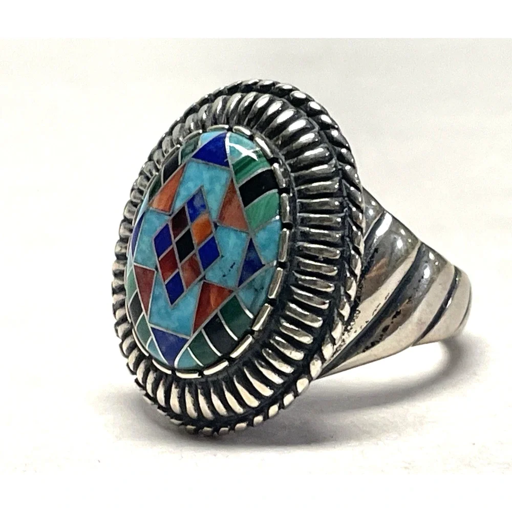 Carolyn Pollack 925 Sterling Silver Multi-Stone Ring Size 6 Geometric Inlay 14g
